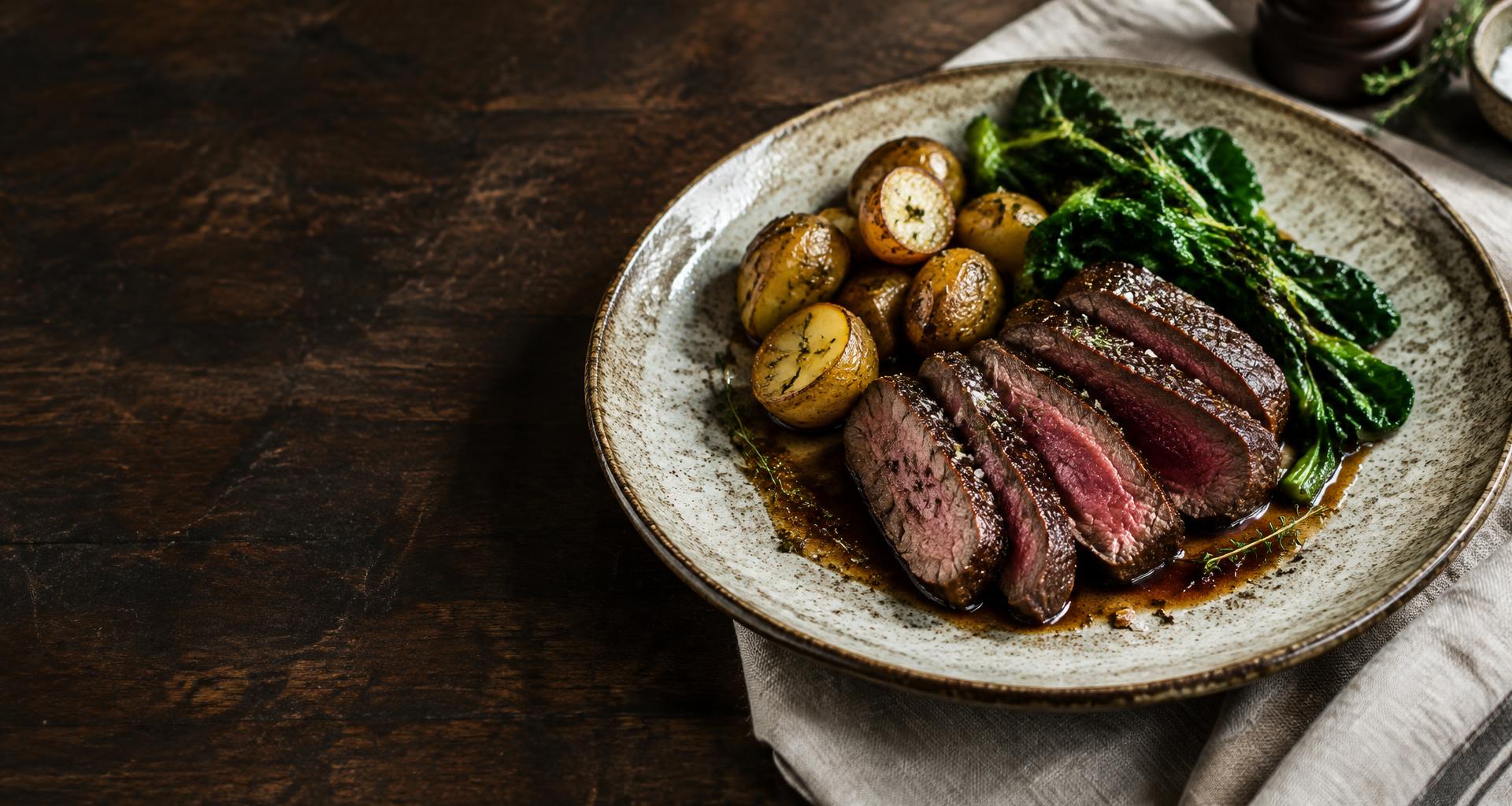 Illustrative sliced venison steak with roasted potatoes and seasonal greens